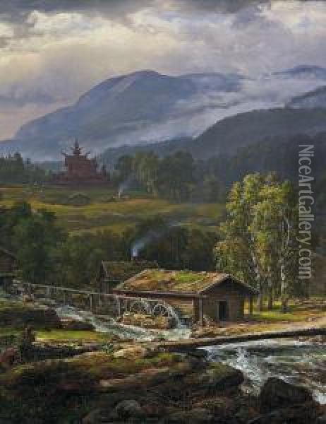 Landschaft Bei Kaupangermit Stabkirche Oil Painting - Johan Christian Clausen Dahl