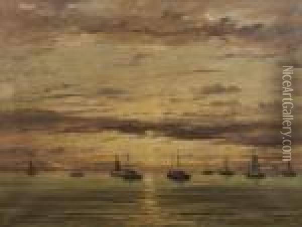 Soleil Couchant Sur Les Bateaux De Peche Oil Painting - Hendrik Willem Mesdag