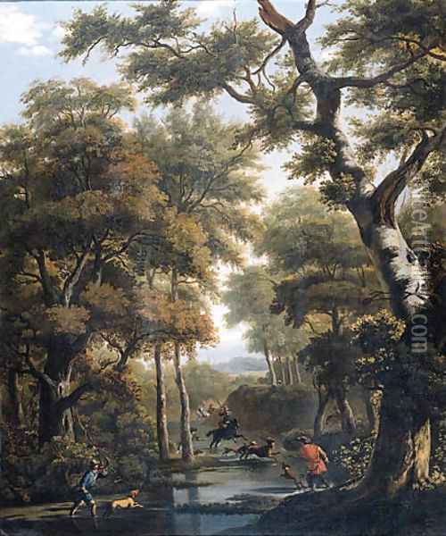 A stag hunt in a forest Oil Painting - Jan Hackaert