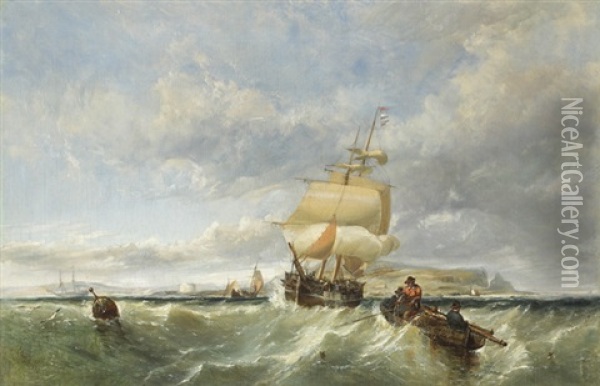 Sailing Ship Approaching Howth Harbour With Ireland's Eye In The Background Oil Painting - Edwin Hayes
