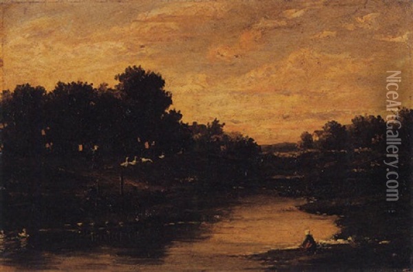 By The Pond Oil Painting - Karl Pierre Daubigny