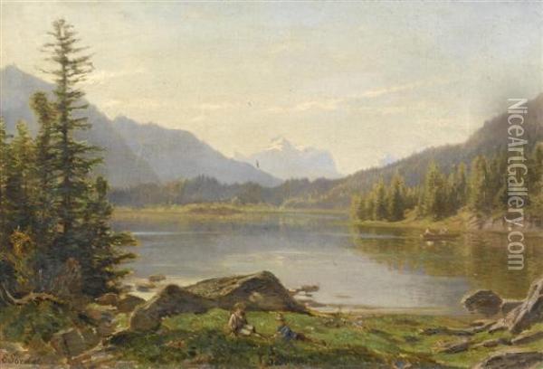 Mountain Lake With Two Young Herdsmen In The Foreground Oil Painting - Eugene Etienne Sordet
