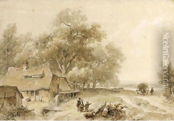 View Of A Watermill In Woodland, With A Haycart Approaching On A Track To The Right Oil Painting - Andreas Schelfhout