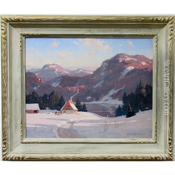 Untitled (winter Scene With Figure Chopping Firewood) Oil Painting - Eric Riordon
