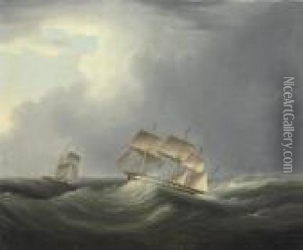 An English Merchantman And Paddle Steamer Caught In A Channelgale Oil Painting - James E. Buttersworth