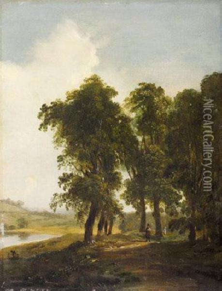 Figures By A Lake In A Wooded Landscape Oil Painting - James Arthur O'Connor