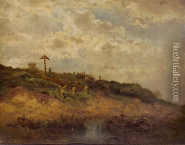 Landschaft Mit Schafhirte Und Wegkreuz Oil Painting - Moritz Eduard Lotze