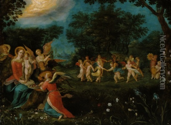 Maria Mit Dem Kind Und Musizierenden Engeln Sowie Einem Engel, Der Fruchte Reicht Oil Painting - Abraham Govaerts