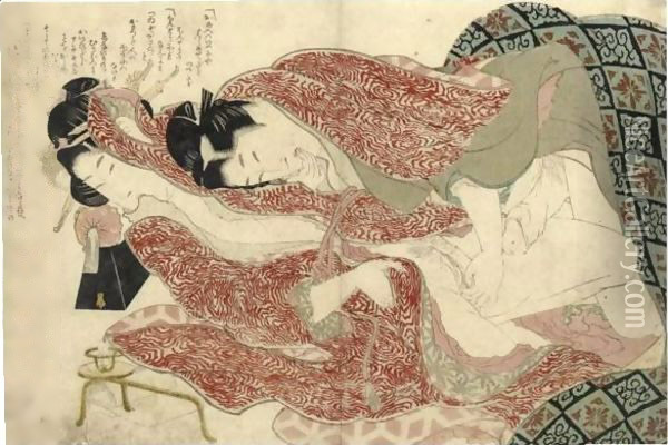 'Ehon Tsuhi No Hinagata' By Hokusai And One Sheet From The Series 'Negai No Itoguchi' Oil Painting - Katsushika Hokusai