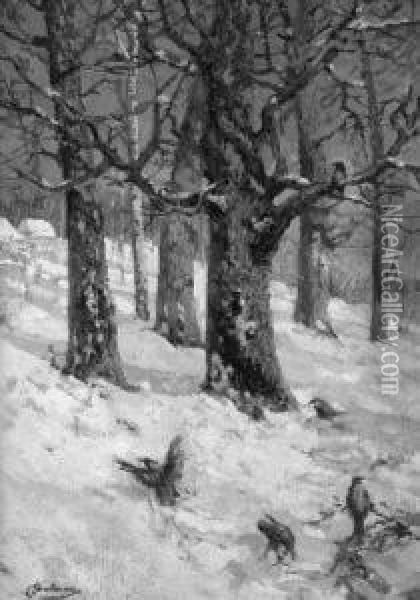 Dohlen Im Winterwald Oil Painting - Christoffer Drathmann