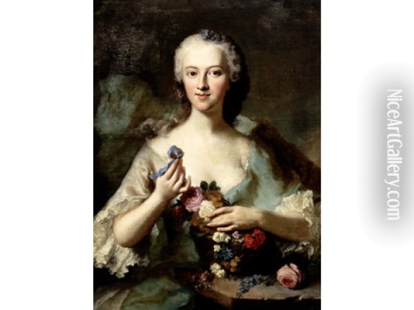 Portrait Of A Lady, Said To Be Countess Vitzthum, Half-length, In A Blue Dress, Holding Flowers Oil Painting - George de Marees