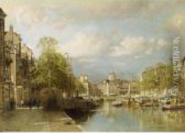 A View Of The Leuvehaven, Rotterdam Oil Painting - Johannes Christiaan Karel Klinkenberg