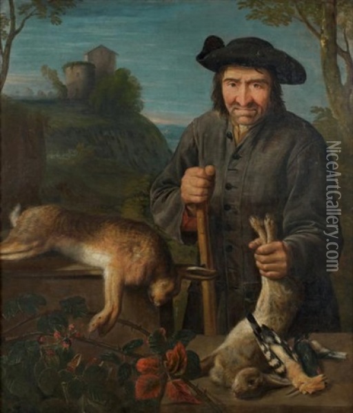 Portrait D'un Garde-chasse Avec Un Trophee De Lievre, Lapins Et Pic Epeiche Oil Painting - Peter (Petrus) Snyers