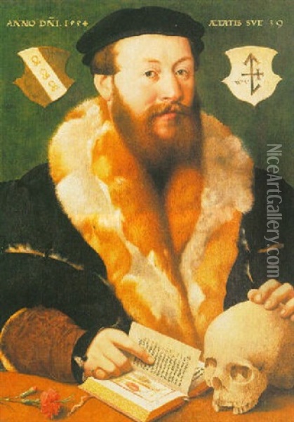 A Portrait Of A Bearded Man, Wearing A Fur-lined Black Coat And A Black Beret, With Vanitas Symbols On A Wooden Ledge Oil Painting - Hermann Tom Ring