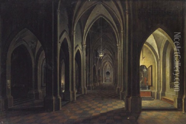 Das Innere Einer Gotischen Kirche Oil Painting - Josef Platzer