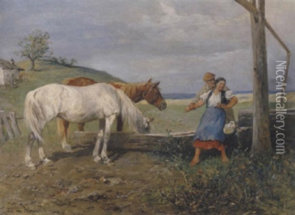Am Brunnen Oil Painting - Julius von Blaas