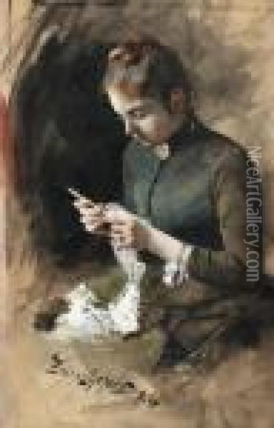 Anna Liljefors Crocheting Oil Painting - Bruno Andreas Liljefors