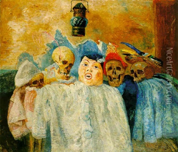 Pierrot Et Squelettes Oil Painting - James Ensor