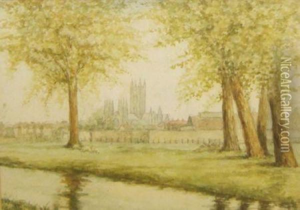 View Across River To Canterbury Cathedral Oil Painting - Moses B. Russell