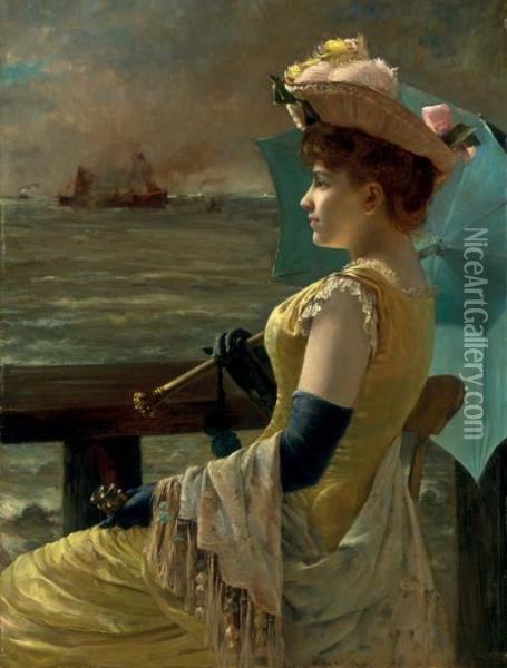 A Lady With A Parasol Looking Out To Sea Oil Painting - Aime Stevens