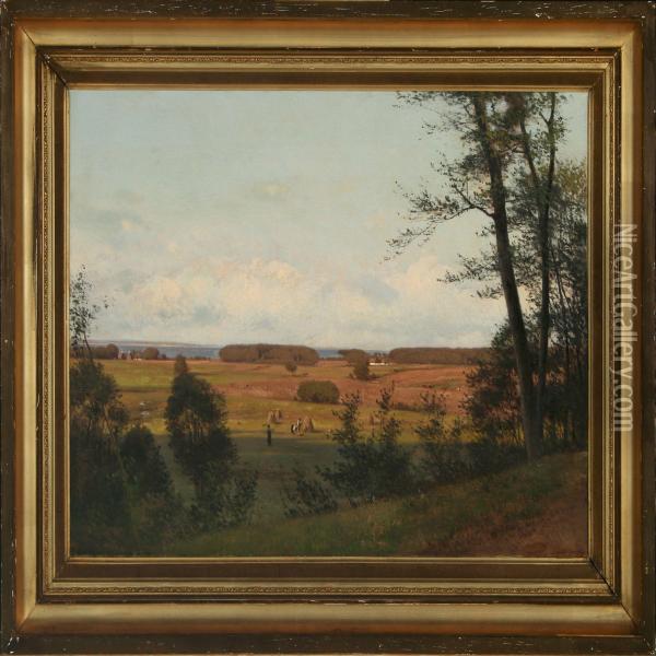 Harvest With A View Of A Inlet Oil Painting - Thorald Brendstrup