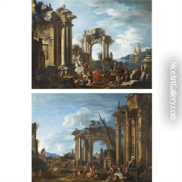 Architectural Capriccio With A Statue Of Mercury (+ Another; Pair) Oil Painting - Giovanni Ghisolfi