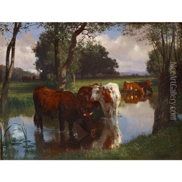Cattle Watering In A Stream Oil Painting - Auguste (Francois Auguste) Bonheur