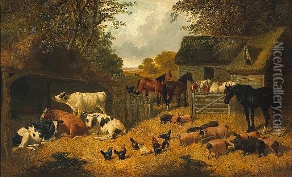 A Barnyard Scene With Horses, Cows, Chickens And Pigs Oil Painting - John Frederick Herring Snr