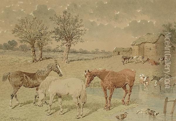 Farmyard Scene With Horses, Cows
 And Ducks; Winter Farmyard Scene With Horses, Pigs And Chickens Oil Painting - John Frederick Herring Snr