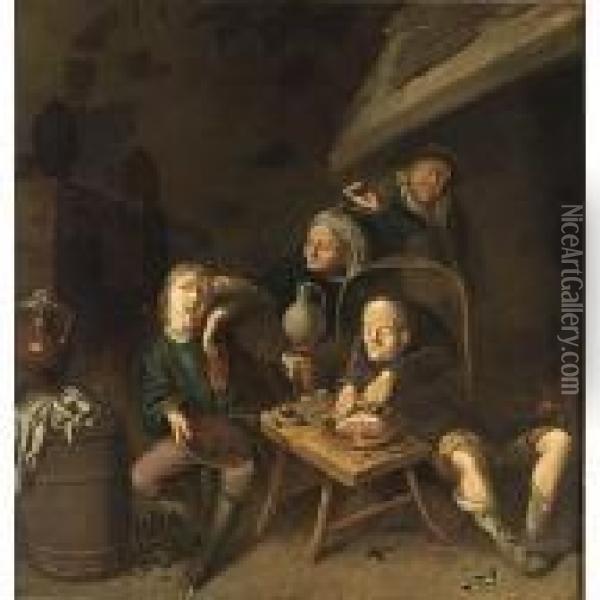Peasants Drinking And Eating Near A Fireplace Oil Painting - Jan Miense Molenaer