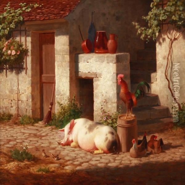A Pig Basking In The Sun In Front Of A Farmhouse With Free-range Chickens Oil Painting - Carl Henrik Bogh