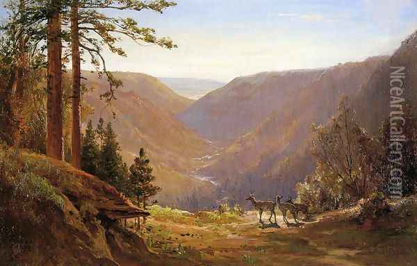 Valley with Deer Oil Painting - Thomas Hill