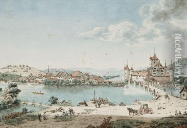 Vue De Nidau Et Du Lac De Bienne Oil Painting - Johann Ludwig Aberli