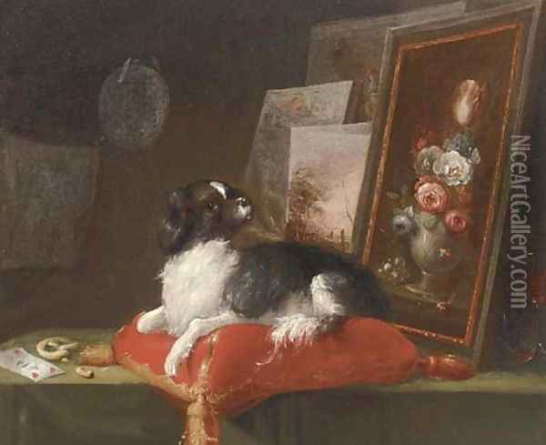 A spaniel lying on a cusion with paintings Oil Painting - Adriaen Cornelisz. Beeldemaker
