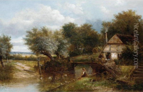 An Angler By A Stream With A Cottage Beyond Oil Painting - Joseph Thors