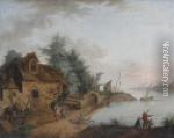Landschaft An Einem See, Im Vordergrund Eine Hutte Mit Figuren Oil Painting - Christian Georg Schuttz II