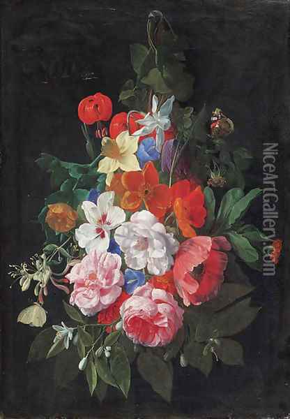 A swag of roses and other flowers hanging from a nail Oil Painting - Nicolaes van Veerendael