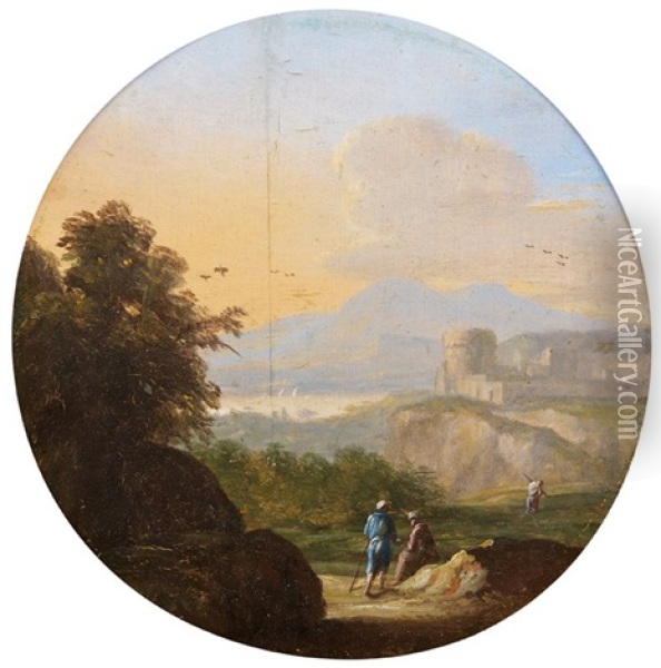 Trois Promeneurs Dans Un Paysage (+ Satyre Jouant De La Flute Dans Un Paysage; Pair) Oil Painting - Goffredo Wals