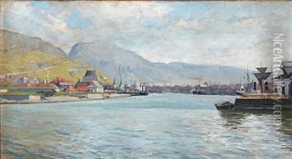 Harbour Scene From Bergen Oil Painting - Sigvard Marius Hansen
