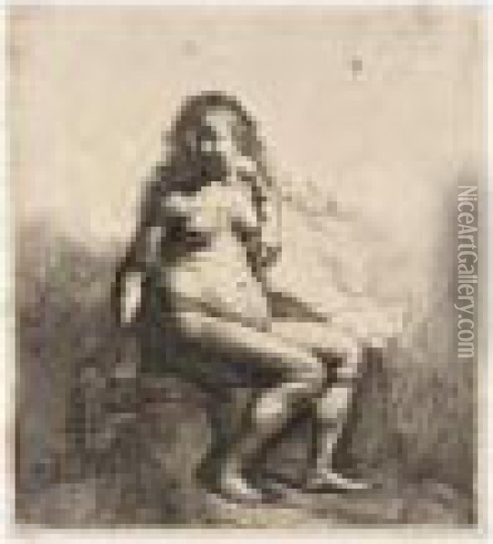 Naked Woman Seated On A Mound 
(bartsch, Hollstein 198; Hind 43; Bjorklund & Barnard 31-5) Oil Painting - Rembrandt Van Rijn