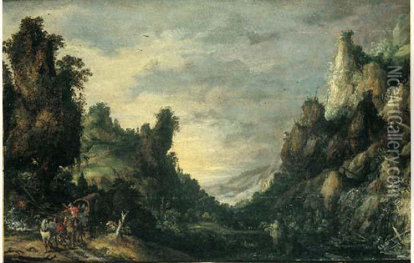 Paysage De Montagne Avec Une Carriole De Voyageurs Oil Painting - David de Koninck