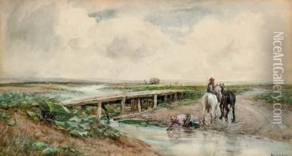 Farmers Watering Their Carthorses Oil Painting - Claude Hayes