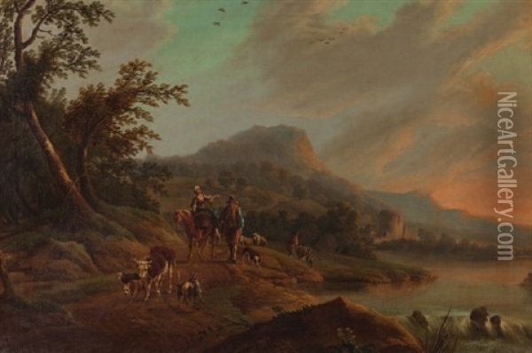 Flusslandschaft Mit Bauersleuten Und Tieren Oil Painting - Gottfried Locher