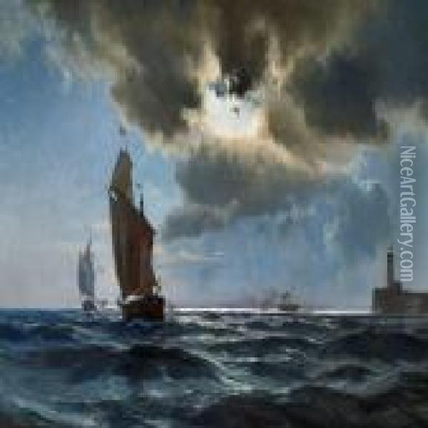 Ships Off The Coast By Night Oil Painting - Carl Johan Neumann