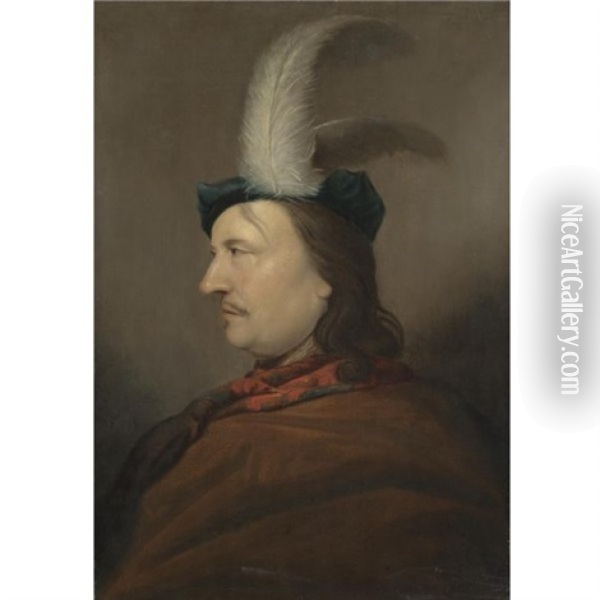Portrait Of A Gentleman Wearing A Blue Hat With White Feathers And A Brown Cloak With A Red Scarf Oil Painting - Christoph Paudiss