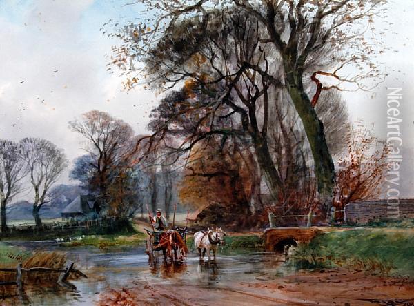 Farmer, Horses And Cart Crossing A Ford Oil Painting - Henry Charles Fox