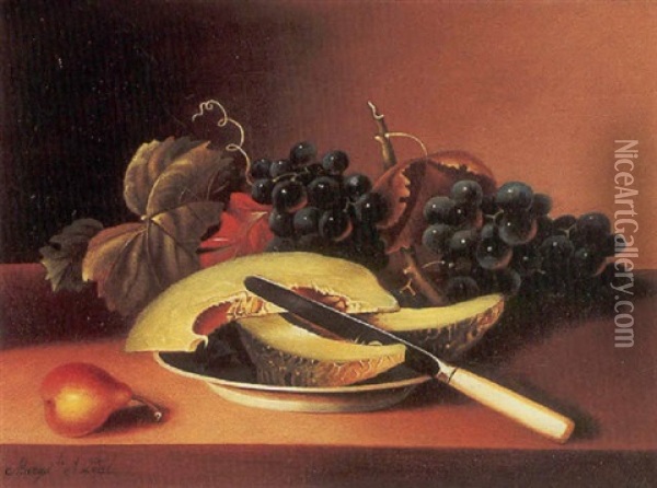 A Still Life With Grapes, Melon And A Pear Oil Painting - Margaretta Angelica Peale