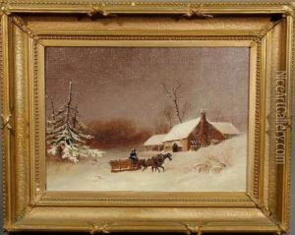 A Snow Scene With A Team Of Horses And Lumber Sled And House In The Background Oil Painting - William Velde Van De Bonfield