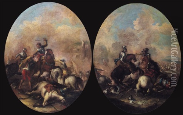 Scontri Tra Cavalieri In Battaglia (pair) Oil Painting - Ilario Spolverini