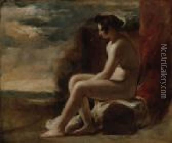 A Seated Female Nude In A Landscape Oil Painting - William Etty